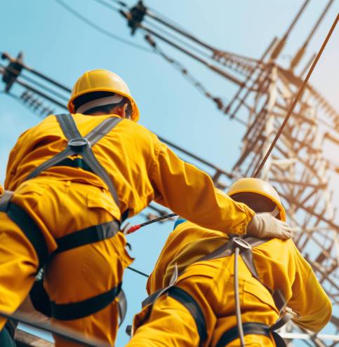 A team of construction workers in safety gear climbing a structure at a high-rise construction site against a clear sky.