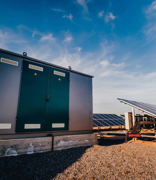 Inverter and store energy building. Solar cell park. Background